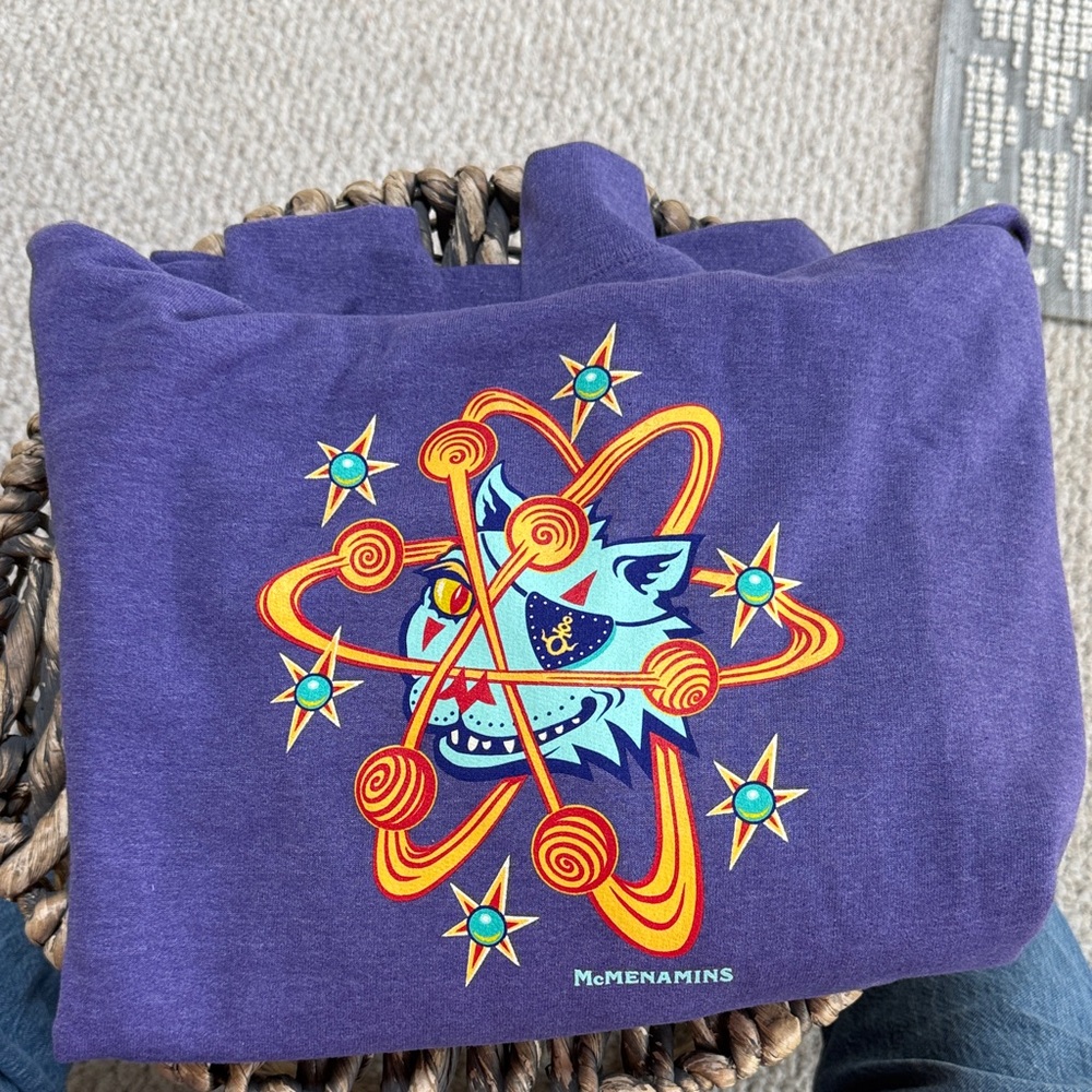McMenamins Purple Graphic Pullover with Atomic Cat Design